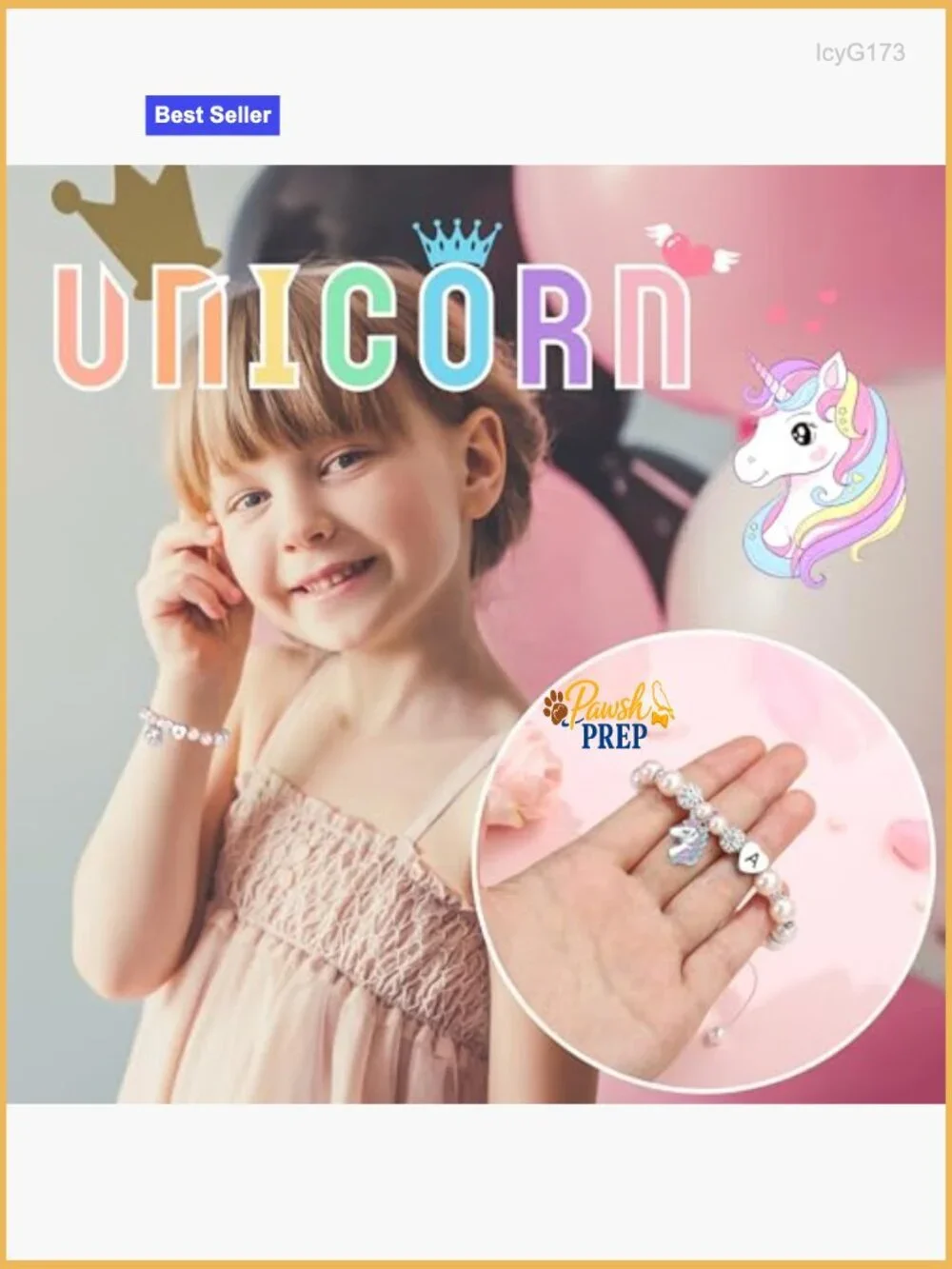 Adjustable Unicorn Charm Bracelet with Heart Initial, Pearl Accents, Kids